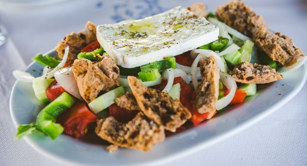 Karpathos Island Vacation - Traditional Karpathos Greek Salad with Bread Cubes